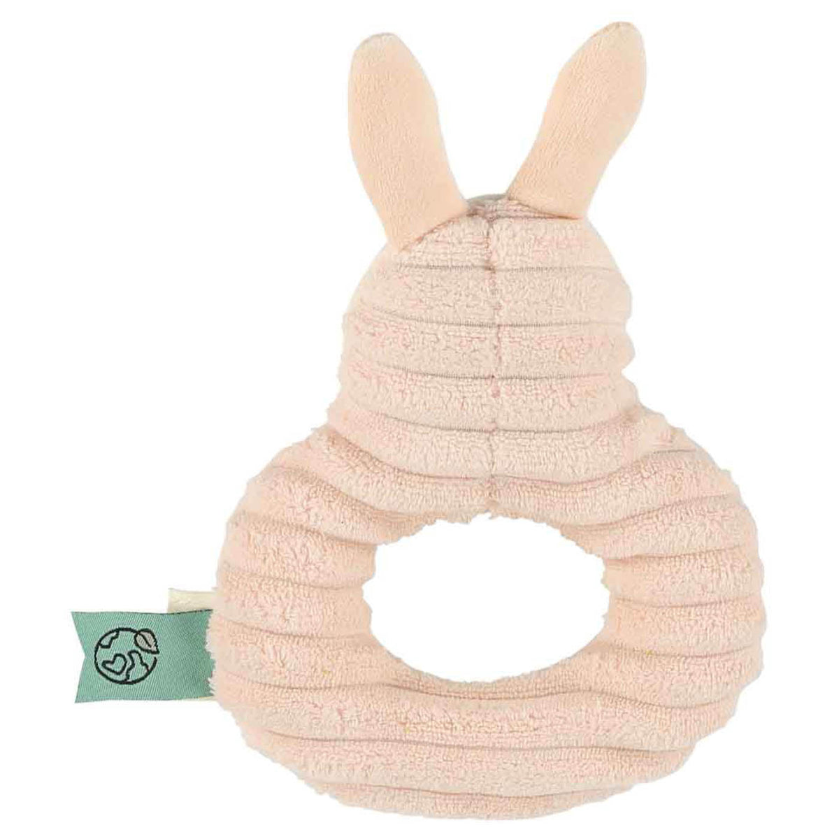 Hochet anneau lapin rose poudré à texture bruissante pour bébés