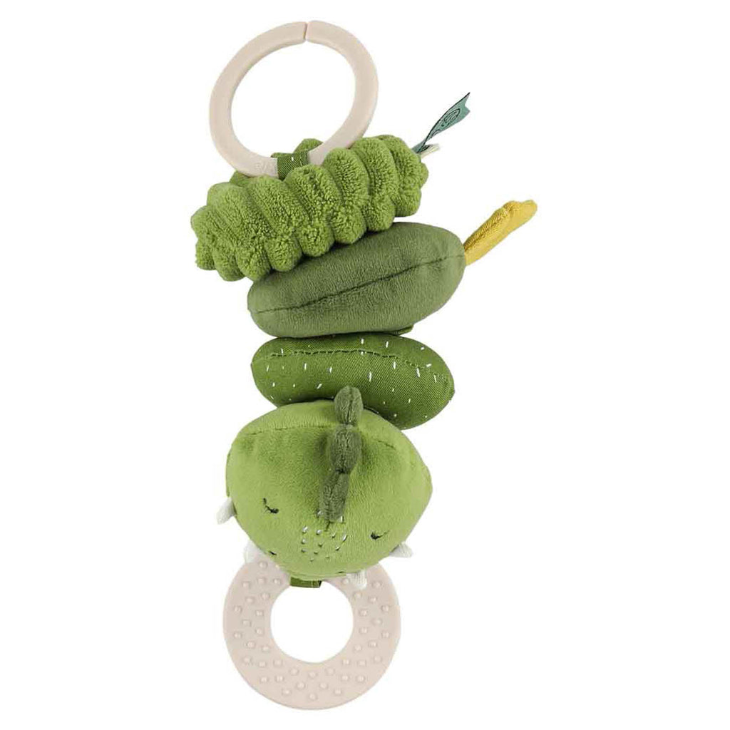 Jouet dinosaure vert en peluche pour landau avec ficelle à tirer, fonction dansante et anneau de dentition