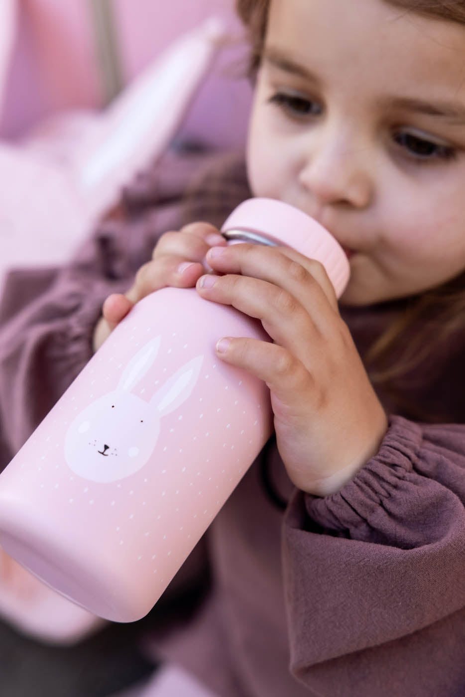 Gourde en acier inoxydable rose lapin avec bouchon et boucle