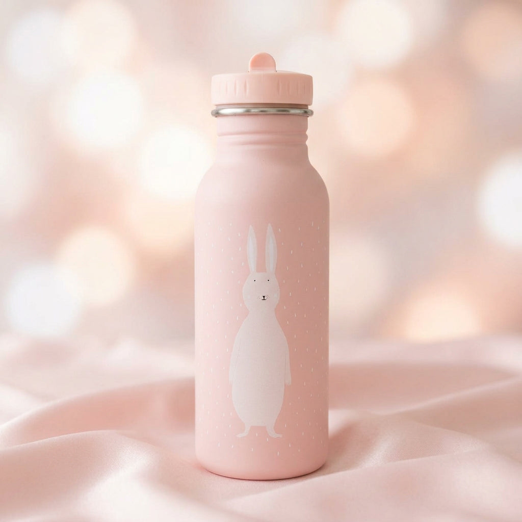Gourde en acier inoxydable rose avec lapin et bouchon pour enfants