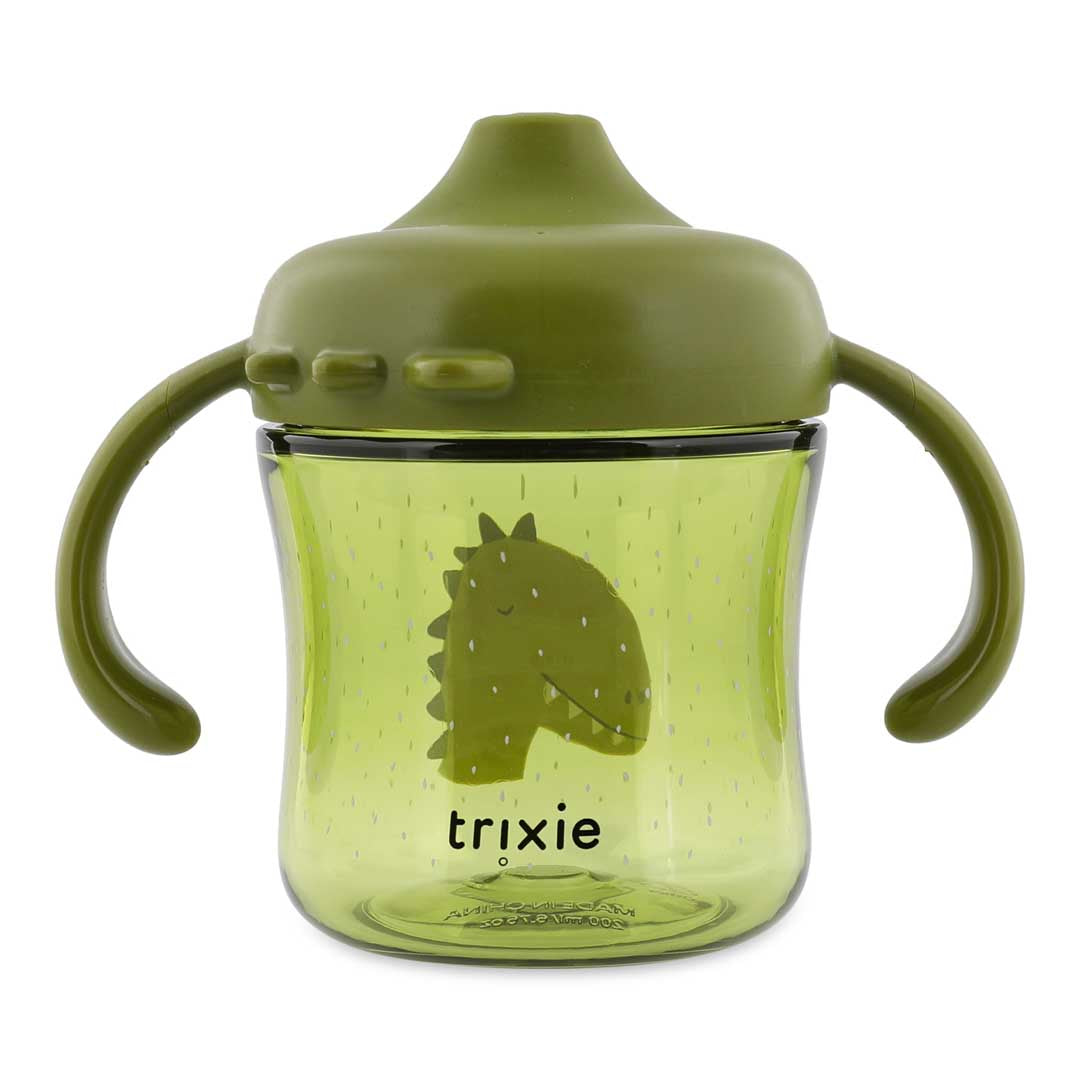 Olivgrüner Dinosaurier-Trinklernbecher mit doppeltem Easy-Grip-Griff