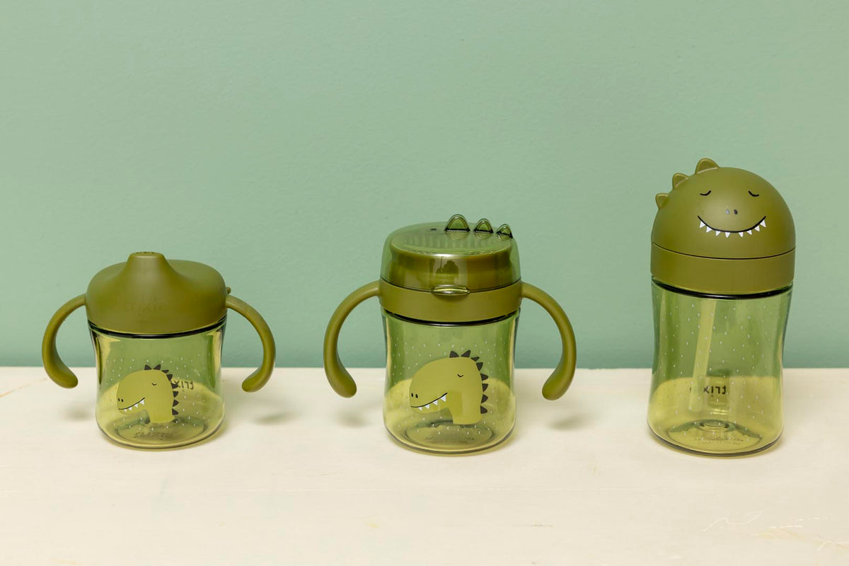 Olivgrüner Dinosaurier-Trinklernbecher mit doppeltem Easy-Grip-Griff