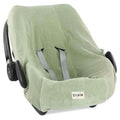 Saliegroene badstofbekleding voor de bekleding van een autostoeltje voor baby's