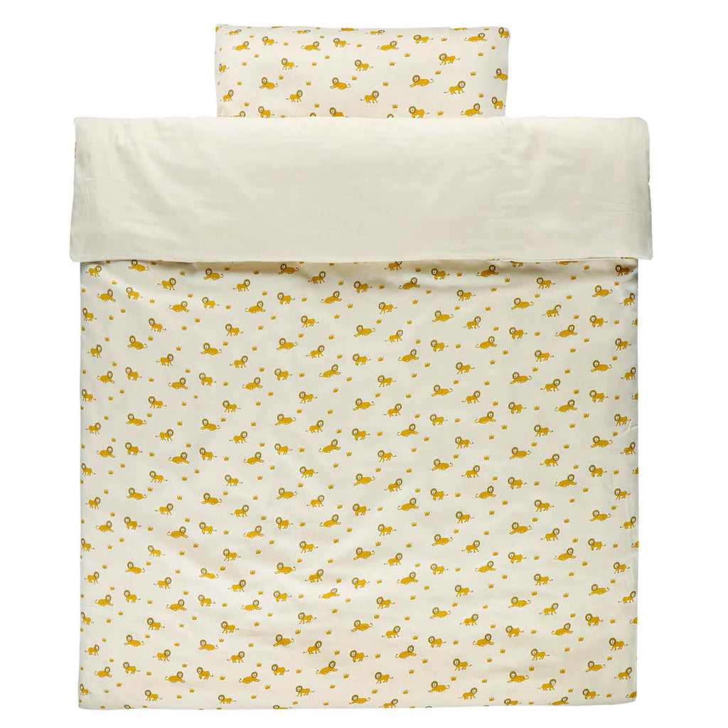 Cremefarbener Baumwoll-Bettbezug mit gelbem Löwenmotiv für Babybetten