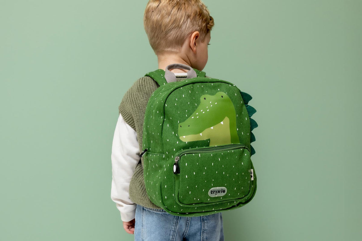 Sac à dos enfant vert alligator avec bretelles rembourrées et poche avant