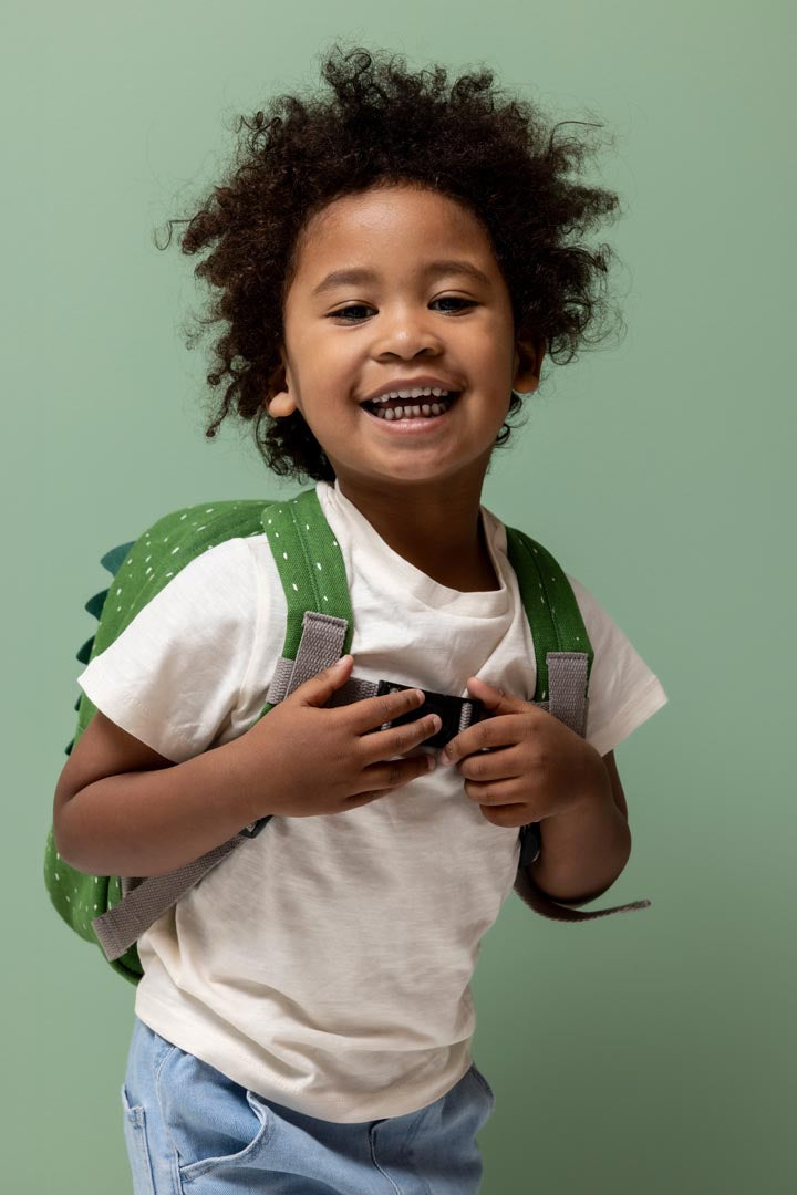 Sac à dos enfant vert alligator avec bretelles rembourrées et poche avant