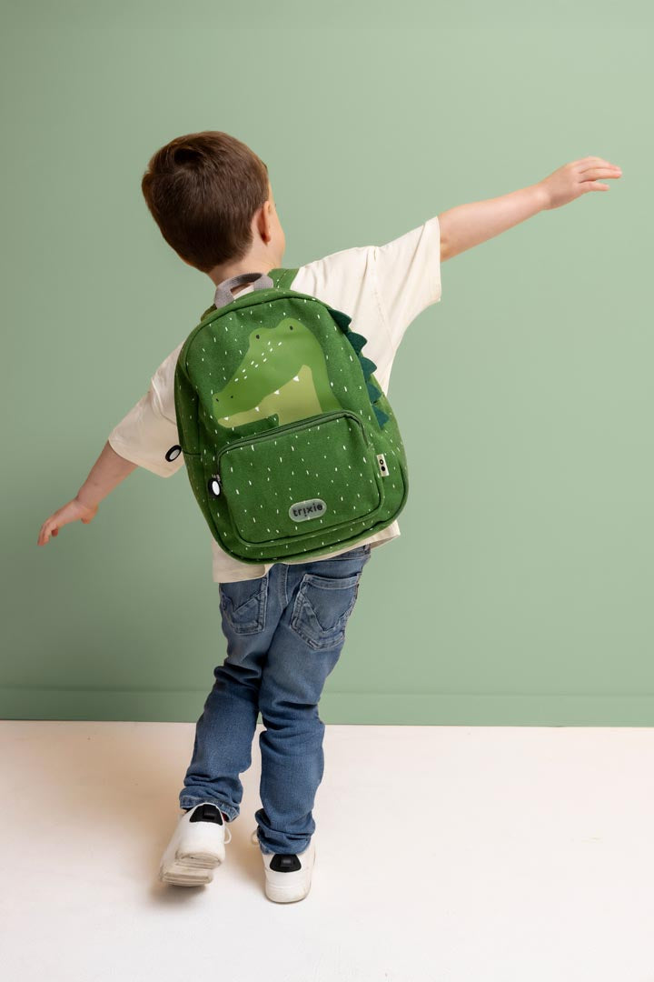 Sac à dos enfant vert alligator avec bretelles rembourrées et poche avant